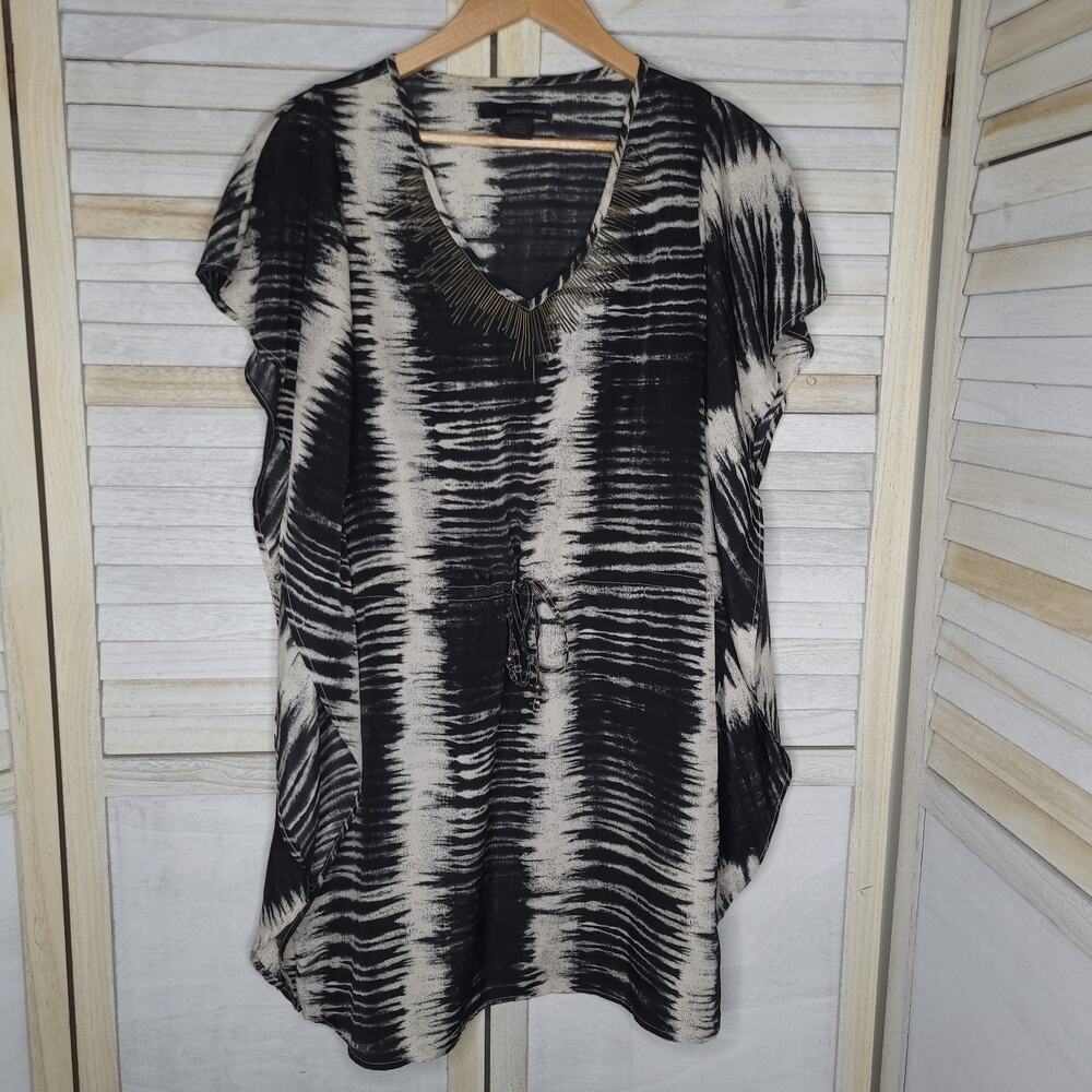Calvin Klein Print Caftan Women's Size Small Beaded Tie Waist Swim Cover